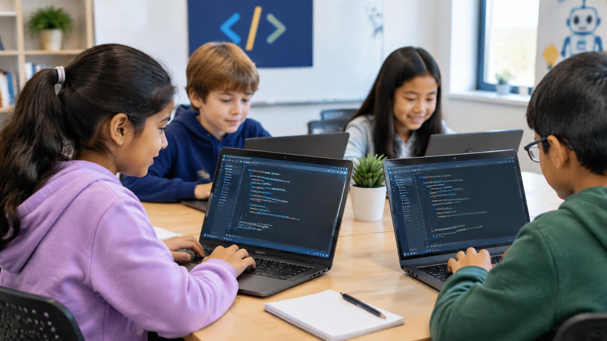 kids learning to code on laptops