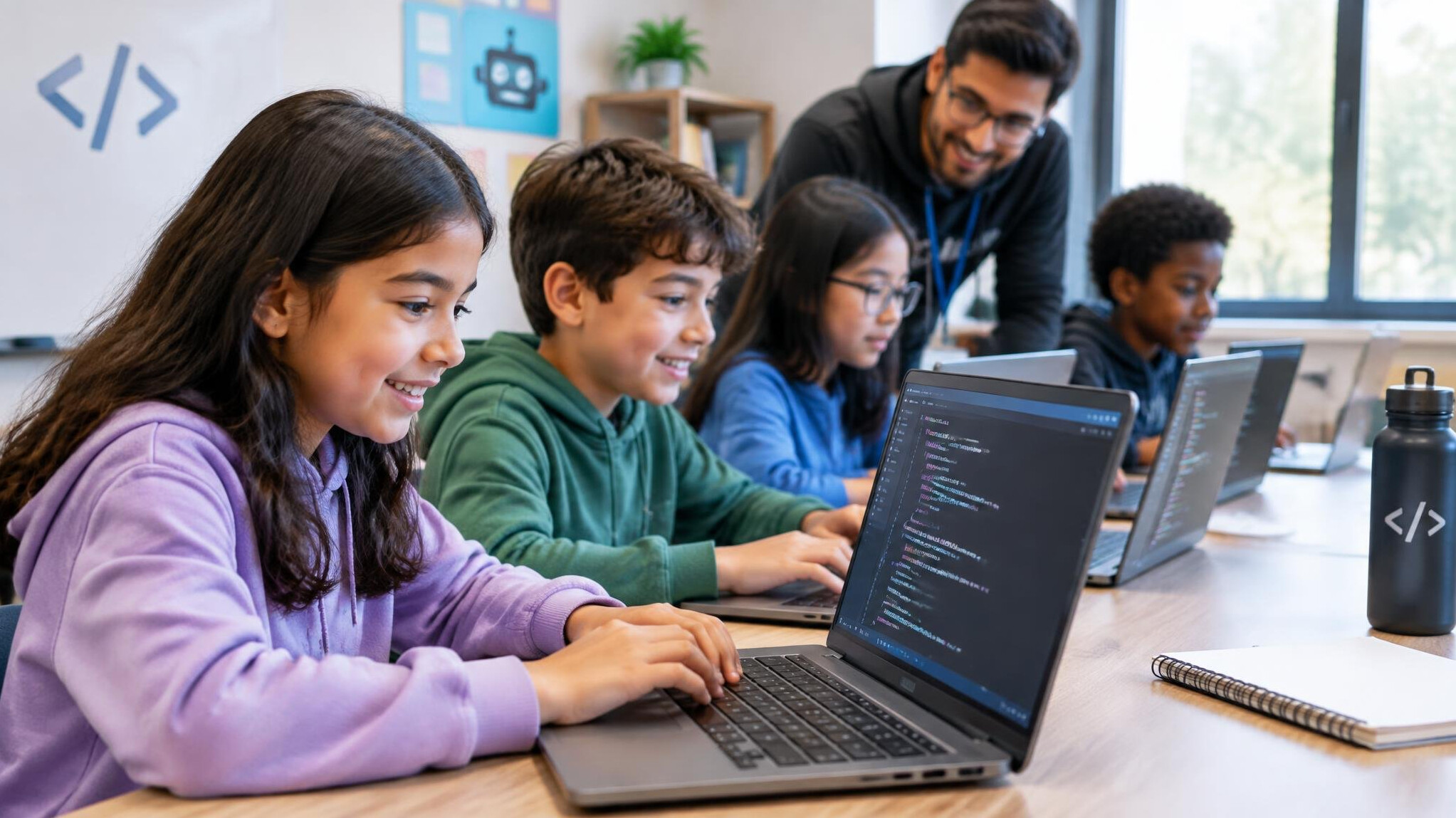 kids learning to code on laptops