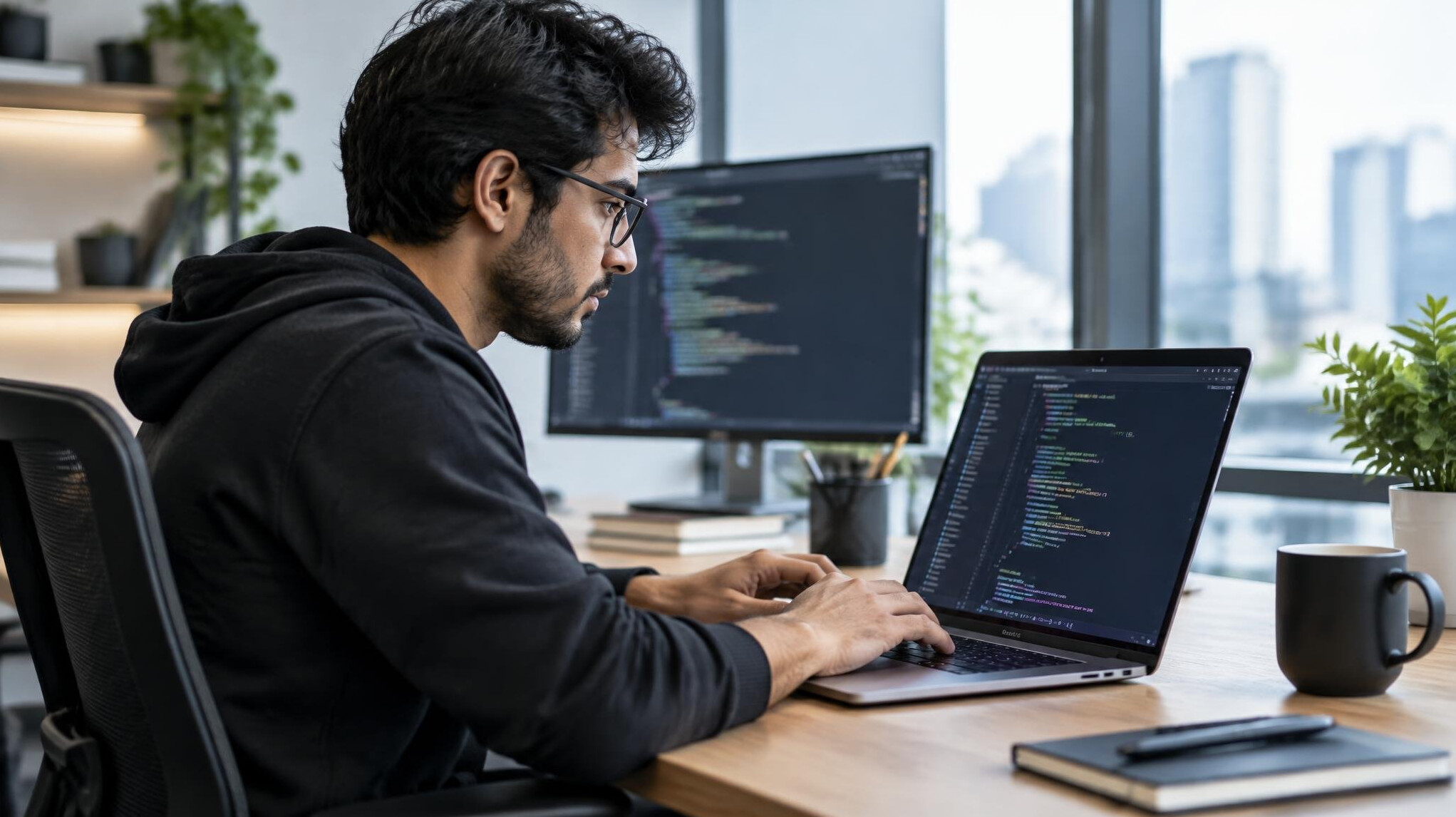person coding at laptop