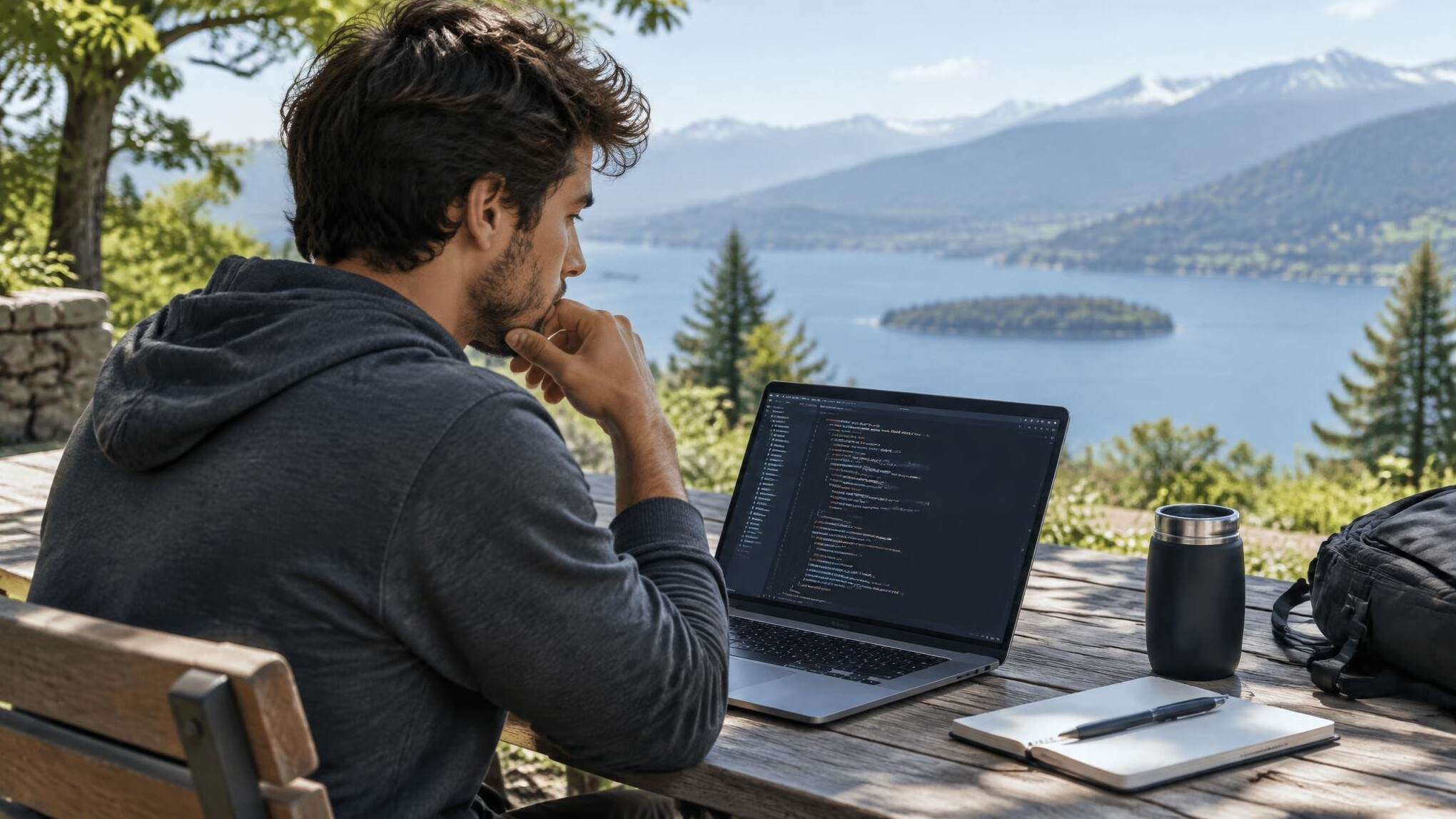 man working on laptop outdoors
