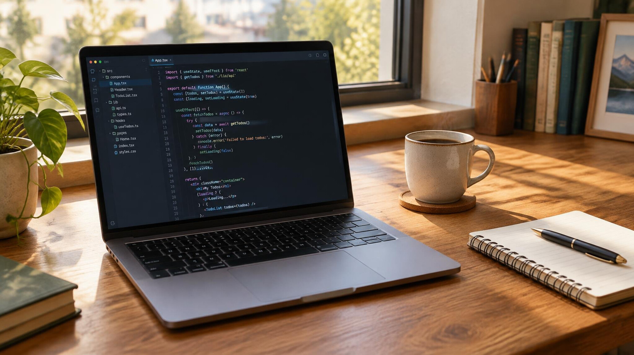 Laptop with code and coffee on a wooden desk