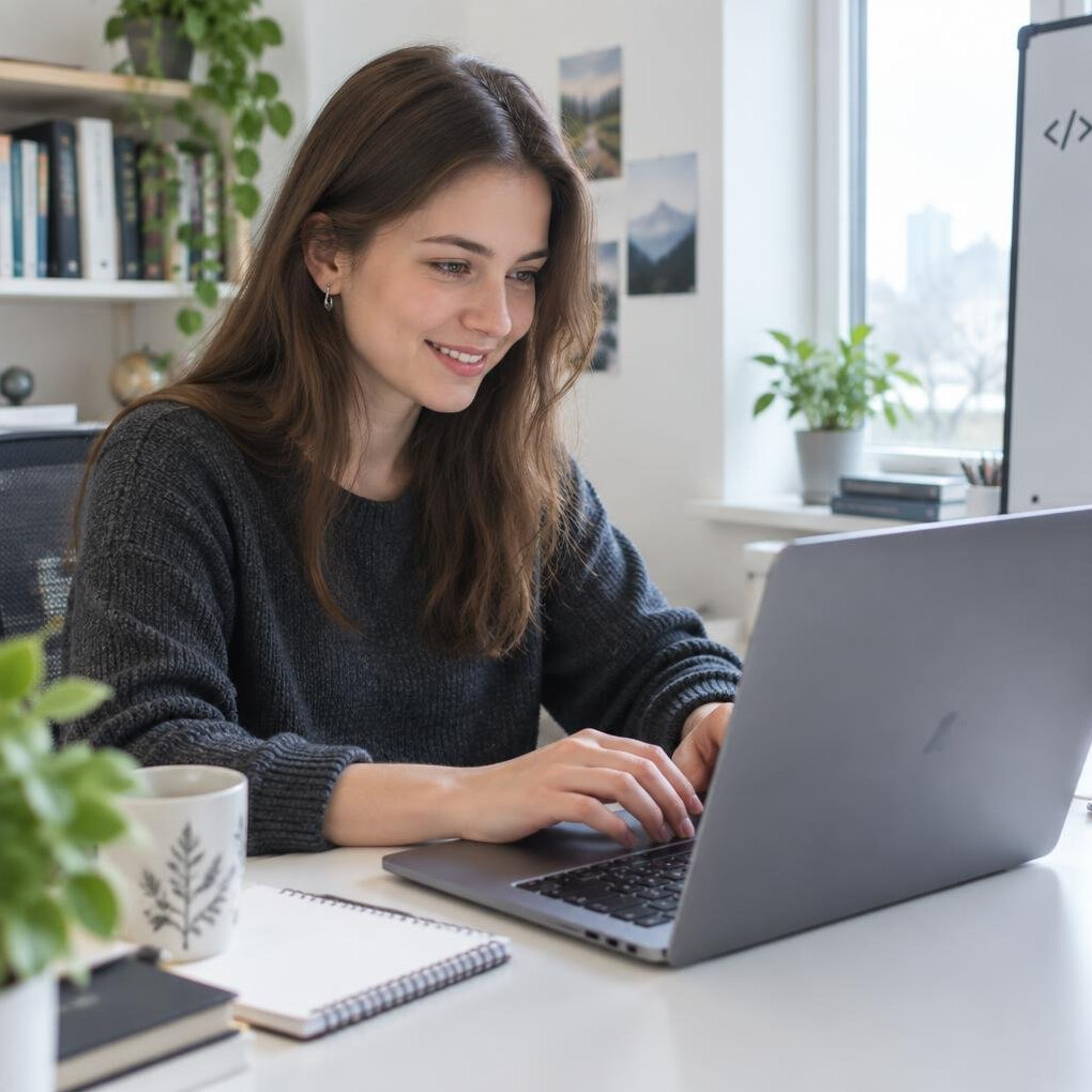 Young woman learning to code on a laptop
