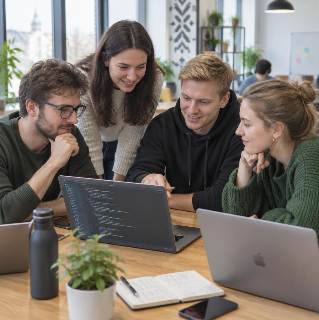 Colleagues working together on laptops at a table